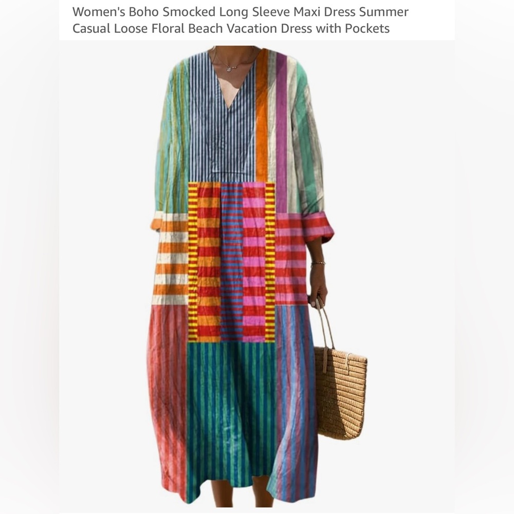 NEW Women's Boho Smocked Long Sleeve Maxi Dress Pockets-free shipping